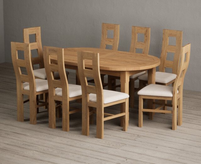Extending Caversham Oak Oval Dining Table with 8 Linen Natural Chairs