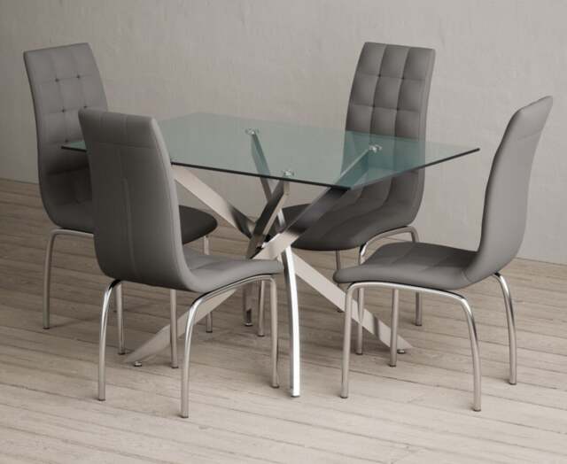 Bernini 120cm Rectangular Glass Dining Table with 4 Cream Enzo Chairs