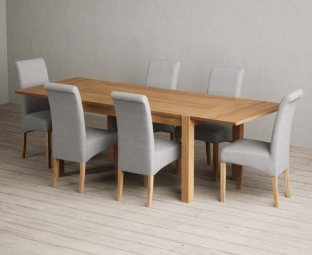 Thetford 150cm Oak Dining Table with Thetford 45cm Oak Extensions with 10 Grey Scroll Back Chairs