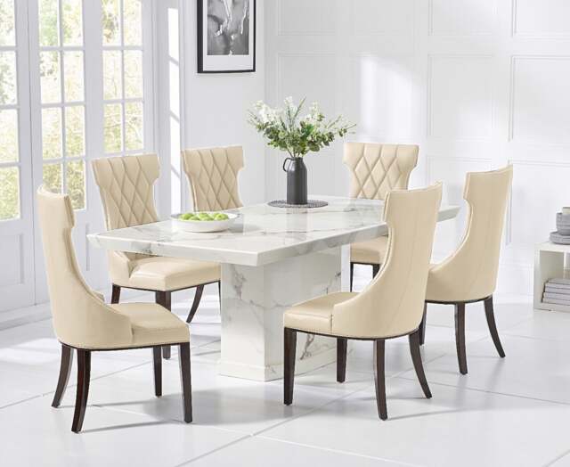 Carvelle 200cm White Pedestal Marble Dining Table with 6 Cream Sophia Chairs