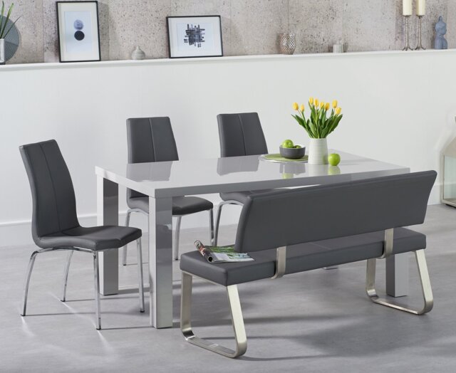 Seattle 160cm Light Grey High Gloss Dining Table with 2 Grey Marco Chairs and 2 Grey Benches