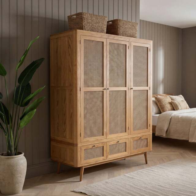 Oak Rattan Triple Wardrobe