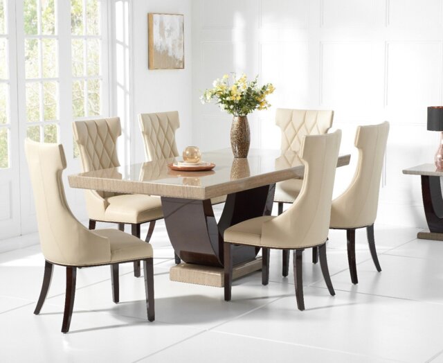 Novara 170cm Brown Pedestal Marble Dining Table with 6 Cream Sophia Chairs