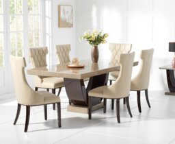 Novara 170cm Brown Pedestal Marble Dining Table with 6 Cream Sophia Chairs