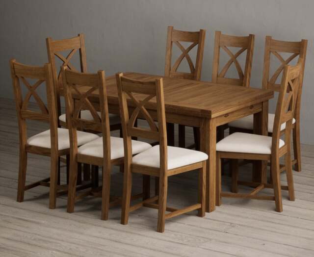 Extending Buxton 140cm Rustic Solid Oak Dining Table with 8 Linen Rustic Solid Oak Chairs