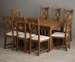 Extending Buxton 140cm Rustic Solid Oak Dining Table with 8 Linen Rustic Solid Oak Chairs