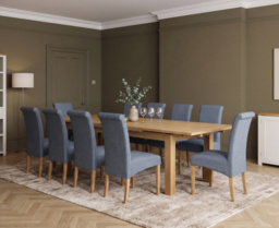 Extending Buxton 140cm Solid Oak Dining Table with 10 Blue Scroll Back Chairs