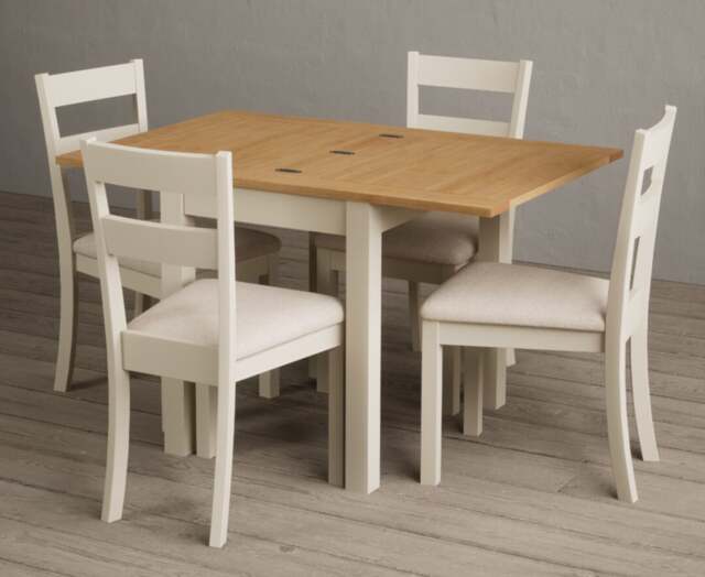 Extending Hadleigh Oak and Cream Painted Dining Table with 2 Linen Kendal Chairs