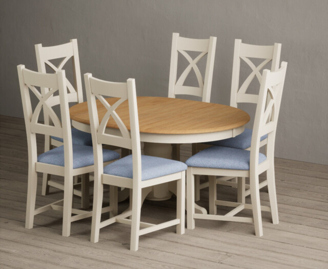Extending Hertford 100cm - 130cm Oak and Cream Painted Pedestal Dining Table with 6 Blue Painted Chairs