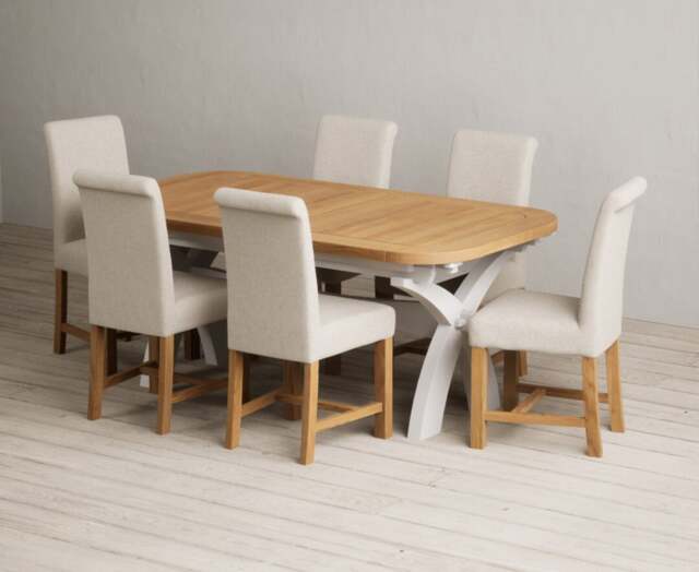 Extending Olympia 180cm Oak and Soft White Painted Dining Table with 6 Natural Braced Chairs