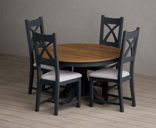 Hertford 120cm Fixed Top Oak and Dark Blue Painted Dining Table with 4 Light Grey Painted Chairs