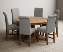 Hertford 120cm Fixed Top Solid Oak Round Pedestal Table with 6 Grey Braced Chairs