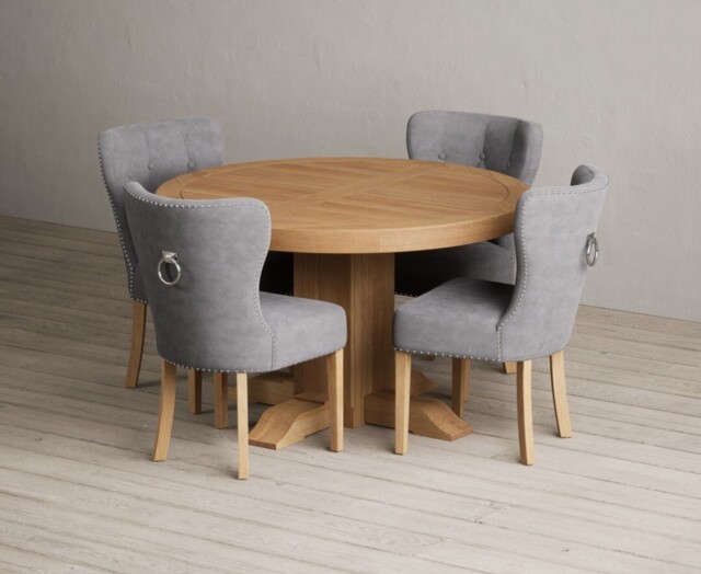 Extending Helmsley Solid Oak Pedestal Dining Table with 4 Grey Keswick Chairs