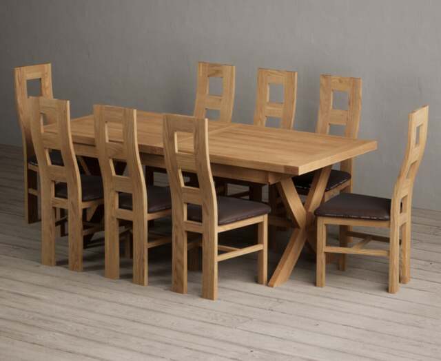 Extending Buckley 200cm Solid Oak Dining Table with 8 Brown Natural Chairs
