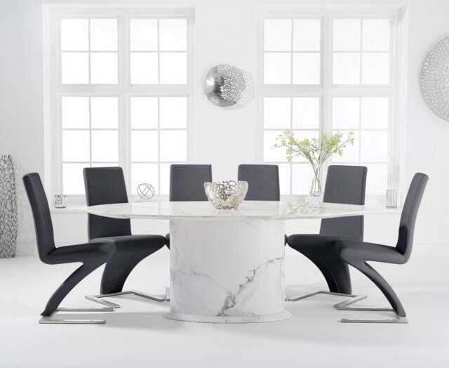 Colby 200cm Oval White Marble Dining Table with 6 Grey Aldo Chairs