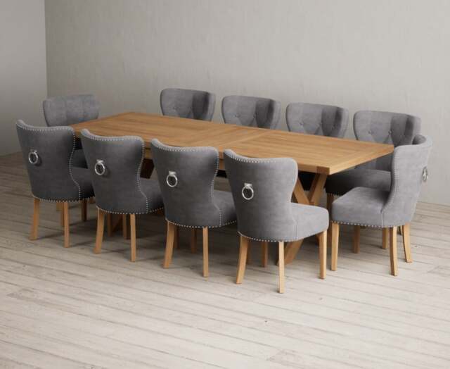 Extending Buckley 200cm Solid Oak Dining Table with 10 Grey Keswick Chairs