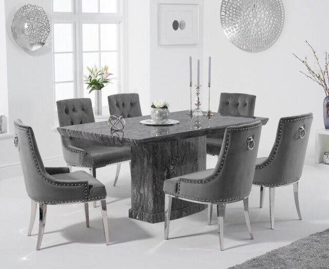 Carvelle 160cm Grey Pedestal Marble Dining Table with 4 Grey Sienna Chairs