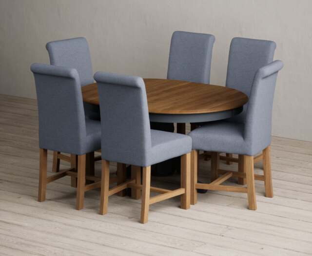 Extending Hertford 100cm - 130cm Oak and Dark Blue Painted Pedestal Dining Table with 4 Blue Braced Chairs