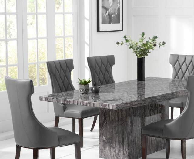 Crema 160cm Grey Marble Dining Table with 4 Grey Sophia Chairs