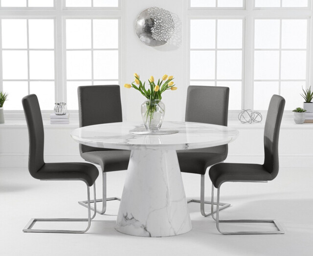 Ravello 130cm Round White Marble Dining Table with 4 Grey Austin Chairs