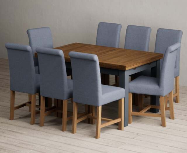 Extending Buxton 140cm Oak and Dark Blue Painted Dining Table with 8 Charcoal Grey Braced Chairs