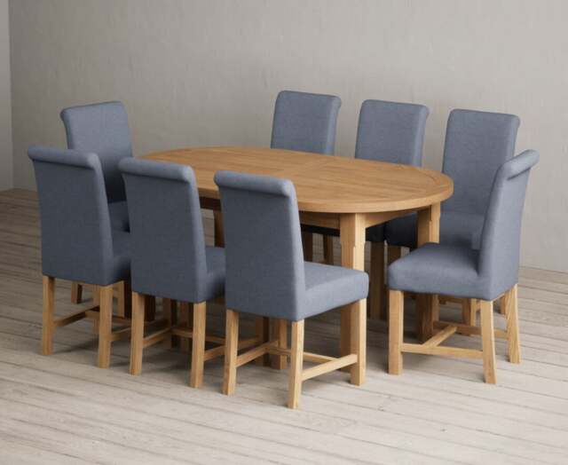 Extending Caversham Oak Oval Dining Table with 8 Blue Braced Chairs