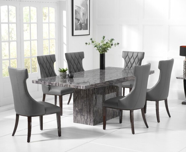 Crema 160cm Grey Marble Dining Table with 6 Grey Sophia Chairs