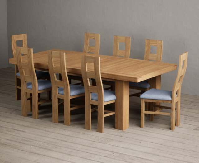 Extending Callington 230cm Oak Dining Table with 8 Blue Natural Chairs