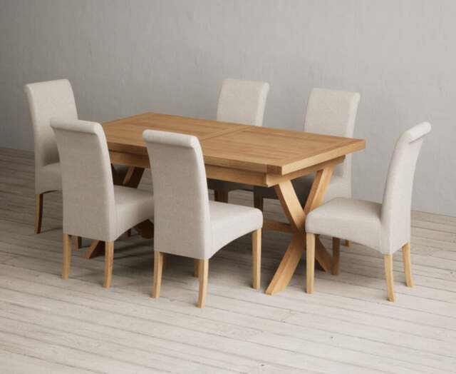 Extending Buckley 160cm Solid Oak Dining Table with 6 Natural Scroll Back Chairs