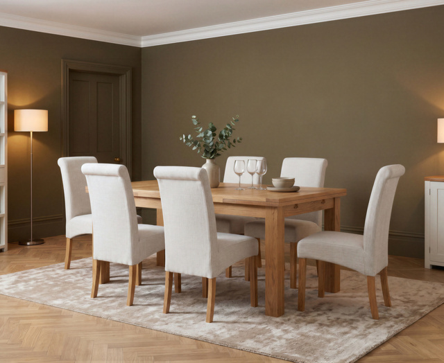 Extending Buxton 140cm Solid Oak Dining Table with 6 Natural Scroll Back Chairs