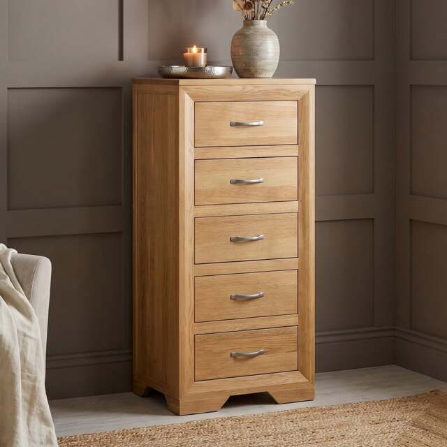Tilt 100% Solid Oak 5 Drawer Tallboy