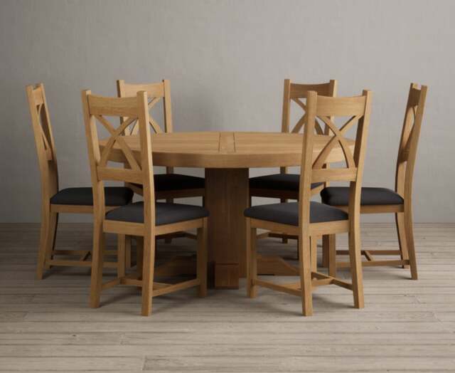 Helmsley 150cm Solid Oak Round Pedestal Dining Table with 6 Charcoal Grey Natural Solid Oak Chairs