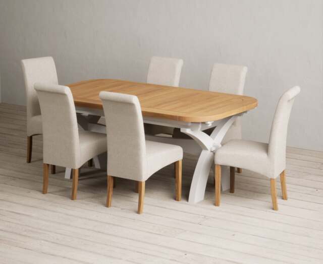 Extending Olympia 180cm Oak and Soft White Painted Dining Table with 6 Natural Scroll Back Chairs