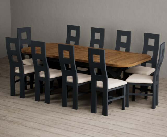 Extending Olympia 180cm Oak and Dark Blue Dining Table with 10 Linen Painted Chairs