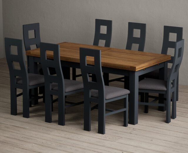 Extending Buxton 180cm Oak and Dark Blue Painted Dining Table with 6 Light Grey Painted Chairs