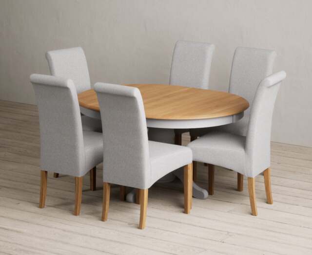 Extending Hertford 100cm - 130cm Oak and Light Grey Painted Pedestal Dining Table with 4 Grey Scroll Back Chairs