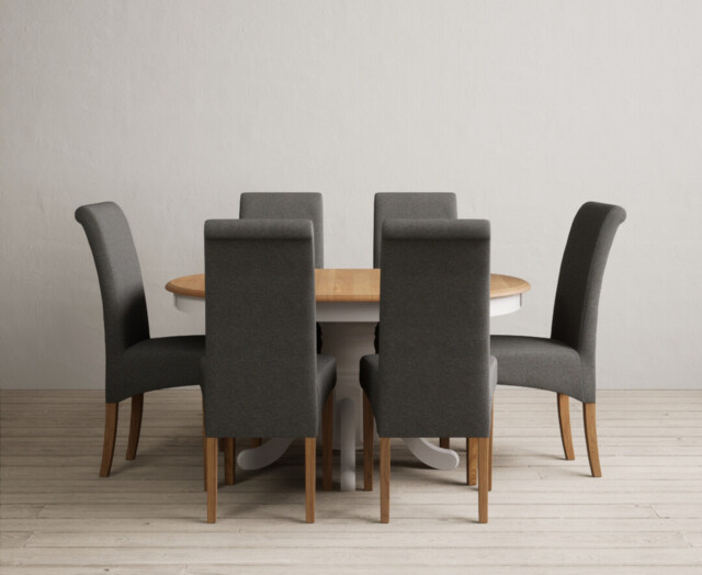 Extending Hertford 100cm - 130cm Oak and Soft White Painted Pedestal Dining Table with 6 Charcoal Grey Scroll Back Chairs