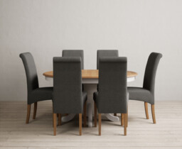 Extending Hertford 100cm - 130cm Oak and Soft White Painted Pedestal Dining Table with 6 Charcoal Grey Scroll Back Chairs
