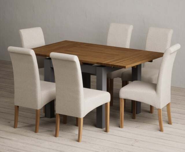Extending Buxton 90cm Oak and Charcoal Grey Dining Table with 6 Natural Scroll Back Chairs