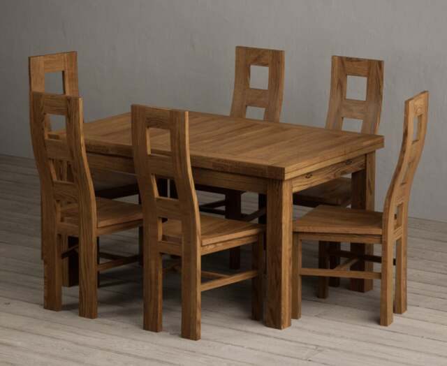 Extending Buxton 140cm Rustic Solid Oak Dining Table with 6 Rustic Oak Rustic Solid Oak Chairs