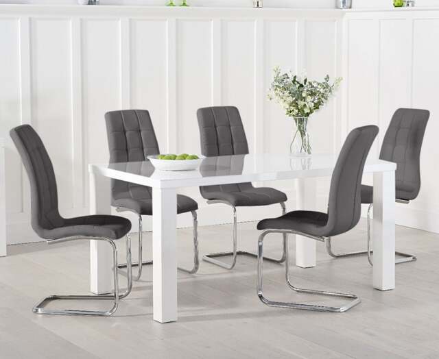Seattle 160cm White High Gloss Dining Table with 6 Grey Vigo Chairs