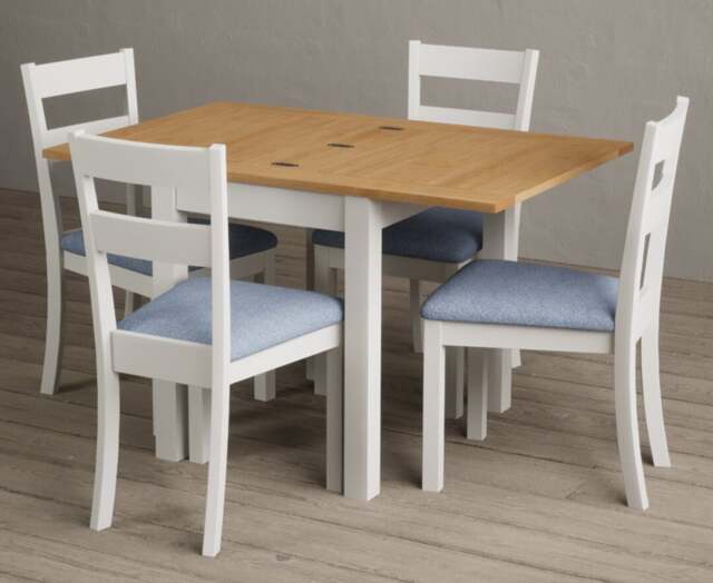 Extending Hadleigh Oak and Signal White Painted Dining Table with 2 Blue Kendal Chairs