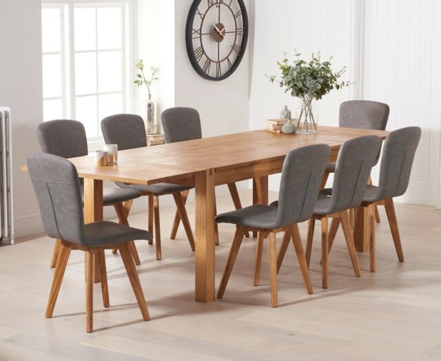 Thetford 150cm Oak Dining Table with Thetford 45cm Oak Extensions with 10 Grey Ruben Chairs