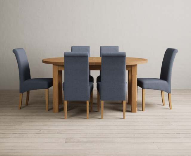 Extending Caversham Oak Oval Dining Table with 6 Blue Scroll Back Chairs