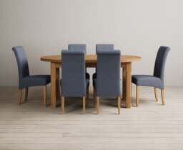 Extending Caversham Oak Oval Dining Table with 6 Blue Scroll Back Chairs