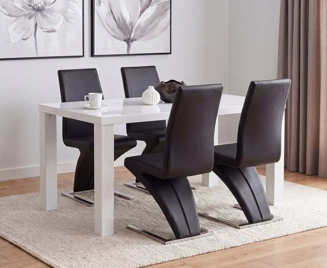 Seattle 160cm White High Gloss Dining Table with 4 Black Aldo Chairs