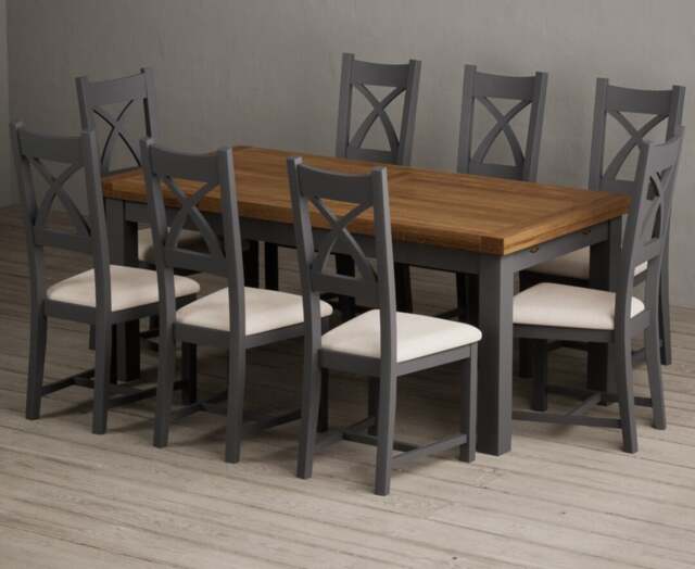 Extending Buxton 180cm Oak and Charcoal Grey Dining Table with 8 Linen Painted Chairs