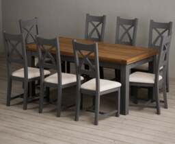 Extending Buxton 180cm Oak and Charcoal Grey Dining Table with 8 Linen Painted Chairs