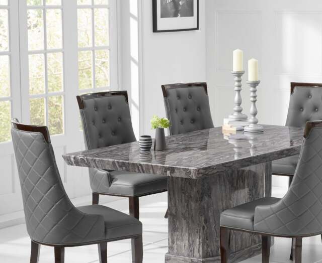 Carvelle 160cm Dark Grey Pedestal Marble Dining Table with 4 Grey Francesca Chairs