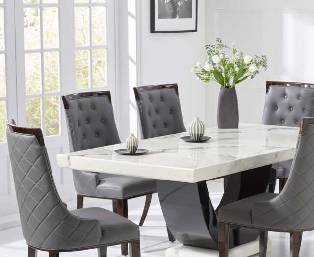 Novara 170cm White and Black Pedestal Marble Dining Table with 4 Grey Francesca Chairs